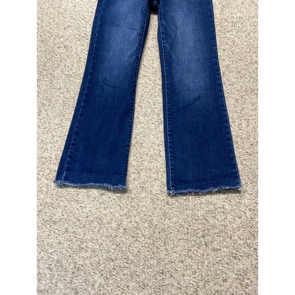 RISEN High-Rise Exposed Button Fly Dark Wash Crop Flare Raw Hem 7/28 - Picture 3 of 8